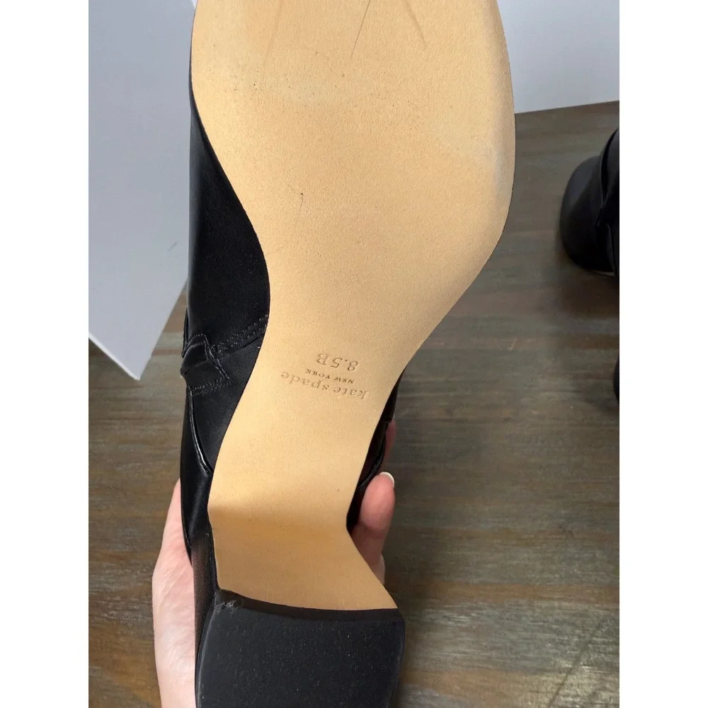 Kate‎ Spade Dakota Leather Zip-Up Booties Block Heel Logo Strap Black 8.5 New